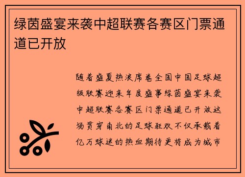 绿茵盛宴来袭中超联赛各赛区门票通道已开放