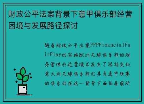 财政公平法案背景下意甲俱乐部经营困境与发展路径探讨