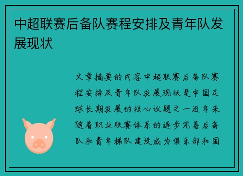 中超联赛后备队赛程安排及青年队发展现状
