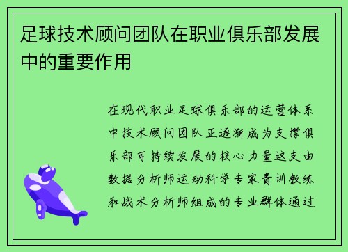 足球技术顾问团队在职业俱乐部发展中的重要作用